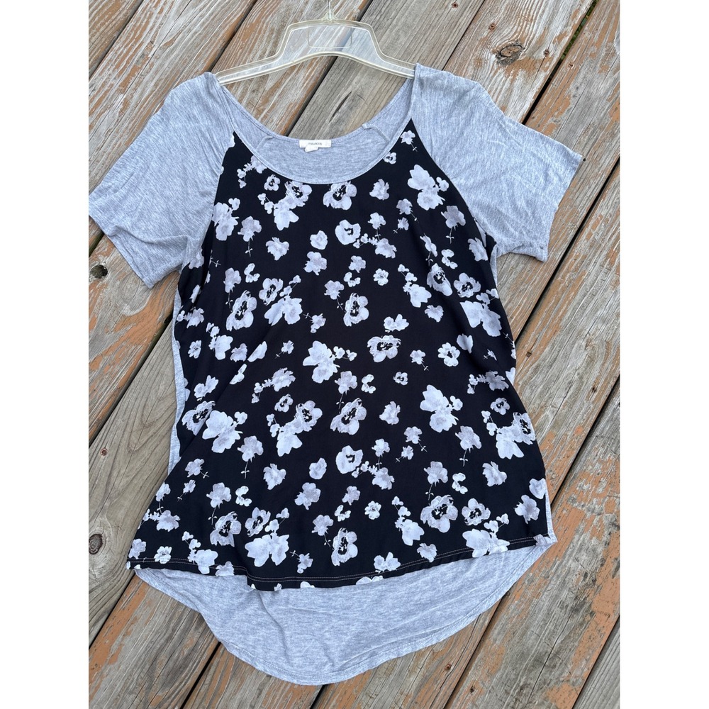 Maurices Womens XL Floral Raglan Top Gray Black Mixed Media High Low Blouse